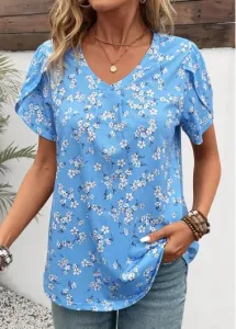 Modlily Sky Blue Lightweight Ditsy Floral Print T Shirt - M