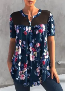 Modlily Split Neck Navy Blue Floral Print T Shirt - M