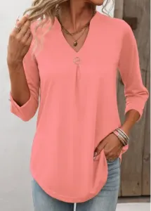 Modlily Split Neck Pink Circular Ring T Shirt - XL