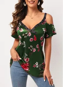 Modlily Strappy Cold Shoulder Floral Print Army Green T Shirt - 4XL