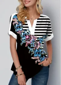 Modlily Striped Floral Print Split Neck Black T Shirt - XL