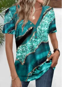 Modlily Turquoise Button Marble Print Short Sleeve T Shirt - L