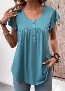 Modlily Turquoise Button Short Sleeve Scoop Neck T Shirt - L