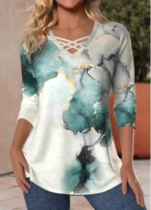 Modlily Turquoise Criss Cross Marble Print Long Sleeve T Shirt - L