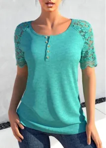 Modlily Turquoise Lace Short Sleeve Round Neck T Shirt - S