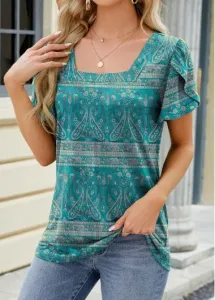 Modlily Turquoise Split Tribal Print Short Sleeve T Shirt - S