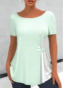 Modlily Waffle Knit Chiffon Panel Light Green T Shirt - XL
