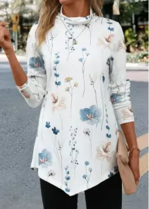 Modlily White Asymmetry Floral Print Long Sleeve T Shirt - S
