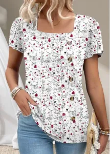 Modlily White Button Ditsy Floral Print Short Sleeve T Shirt - XL