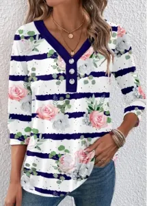 Modlily White Button Floral Print 3/4 Sleeve T Shirt - S