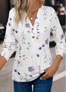 Modlily White Button Floral Print Long Sleeve T Shirt - 2XL