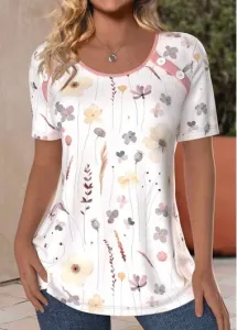 Modlily White Button Floral Print Short Sleeve T Shirt - S