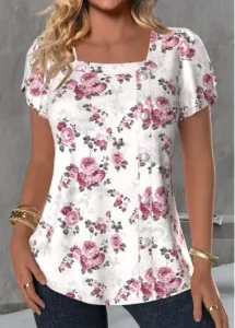 Modlily White Button Floral Print Short Sleeve T Shirt - XL #1330292