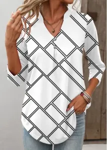 Modlily White Button Geometric Print Long Sleeve T Shirt - L