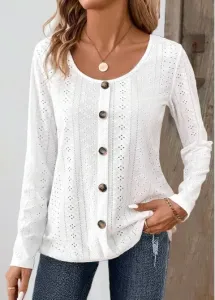 Modlily White Button Long Sleeve Round Neck T Shirt - L #1265318