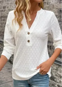 Modlily White Button Long Sleeve Split Neck T Shirt - M