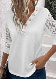 Modlily White Button Long Sleeve V Neck T Shirt - 3XL