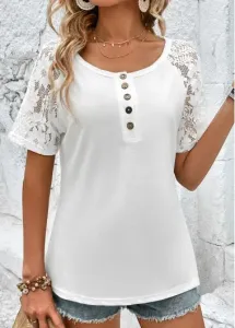 Modlily White Button Short Sleeve Round Neck T Shirt - 2XL #914221