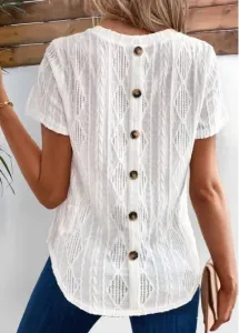 Modlily White Button Short Sleeve Round Neck T Shirt - L #1273527