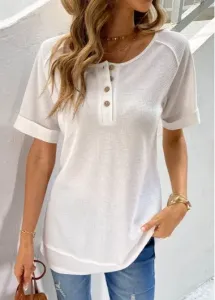 Modlily White Button Short Sleeve Round Neck T Shirt - XL #909386