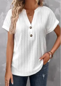 Modlily White Button Short Sleeve Split Neck T Shirt - M #924424