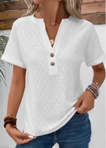 Modlily White Button Short Sleeve Split Neck T Shirt - S #971936