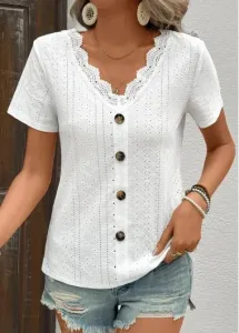 Modlily White Button Short Sleeve V Neck T Shirt - 3XL