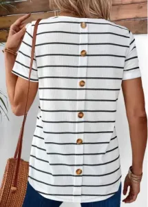Modlily White Button Striped Short Sleeve Round Neck T Shirt - M
