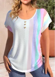 Modlily White Button Striped Short Sleeve T Shirt - L #964343