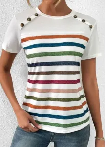 Modlily White Button Striped Short Sleeve T Shirt - L #977847