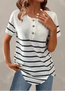 Modlily White Button Striped Short Sleeve T Shirt - XL #853098