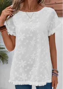 Modlily White Embroidery Short Sleeve Boat Neck T Shirt - M