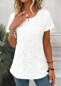 Modlily White Embroidery Short Sleeve Round Neck T Shirt - 3XL