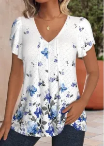 Modlily White Hollow Out Floral Print Short Sleeve T Shirt - L