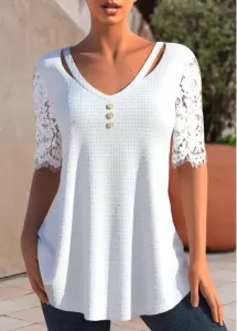 Modlily White Lace Half Sleeve V Neck T Shirt - S