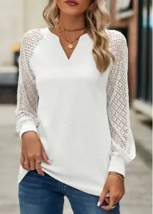 Modlily White Lace Long Sleeve Split Neck T Shirt - S