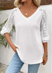 Modlily White Lace Long Sleeve V Neck T Shirt - M