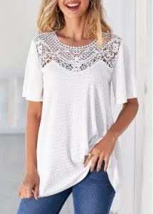 Modlily White Lace Patchwork Short Sleeve T Shirt - M