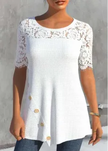 Modlily White Lace Short Sleeve Round Neck T Shirt - L #899662
