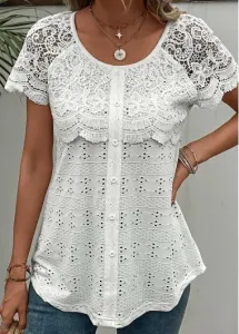 Modlily White Lace Short Sleeve Round Neck T Shirt - M #952342