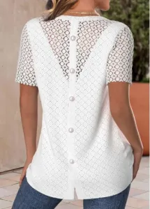 Modlily White Lace Short Sleeve Round Neck T Shirt - S #1310325