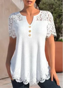 Modlily White Lace Short Sleeve Split Neck T Shirt - M #924484