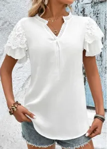 Modlily White Lace Short Sleeve Split Neck T Shirt - S #916409