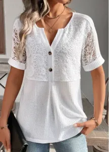 Modlily White Lace Short Sleeve Split Neck T Shirt - XL #1312347