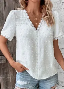 Modlily White Lace Short Sleeve V Neck T Shirt - L #928987