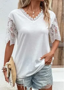 Modlily White Lace Short Sleeve V Neck T Shirt - L