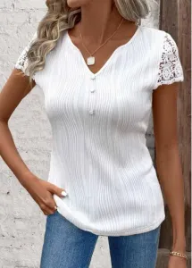 Modlily White Lace Short Sleeve V Neck T Shirt - M #1301683