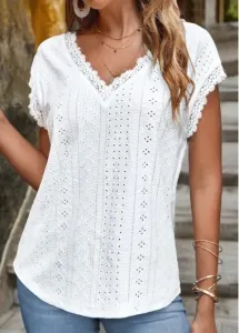 Modlily White Lace Short Sleeve V Neck T Shirt - XL #790388