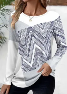 Modlily White Patchwork Geometric Print Long Sleeve T Shirt - XL