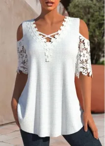 Modlily White Patchwork Half Sleeve V Neck T Shirt - XL #838417